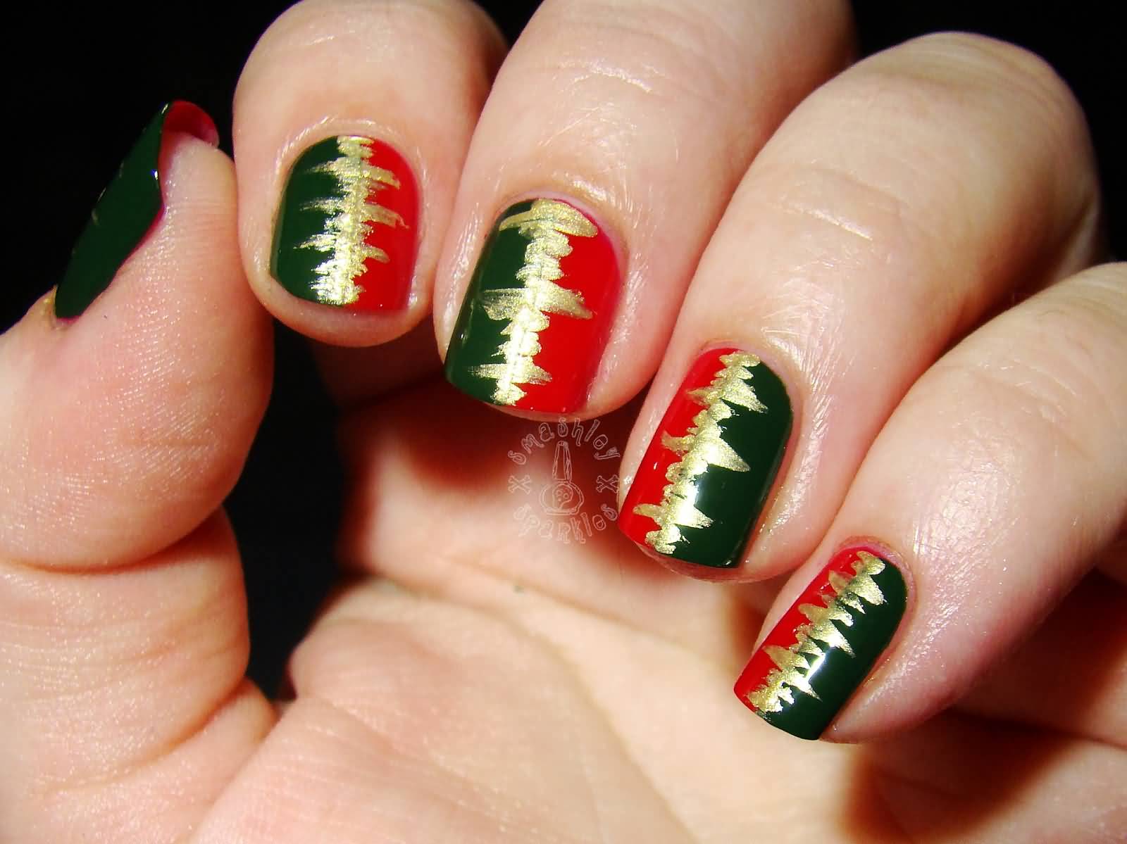 Red And Green Nails With Gold Design Nail Art