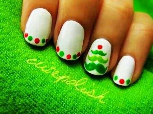 Red And Green Polka Dots And Mustache Design Nail Art