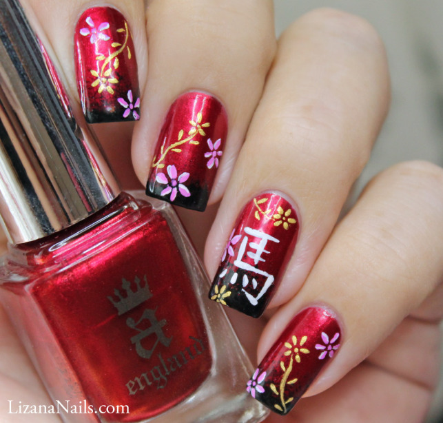 Red And Pink Floral Chinese Nail Art By Lizananails