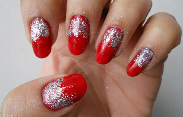 Red And Silver Glitter Half Moon Nail Art