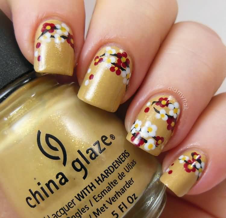 Red And White Flowers Chinese Nail Art