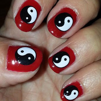 Red Base Nails With Black And White Yin Yang Design Chinese Nail Art