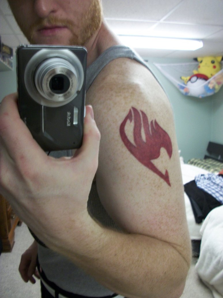 Red Fairy Tail Symbol Tattoo On Left Shoulder