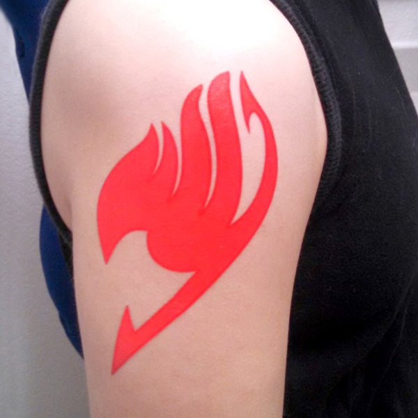 Red Fairy Tail Symbol Tattoo On Shoulder