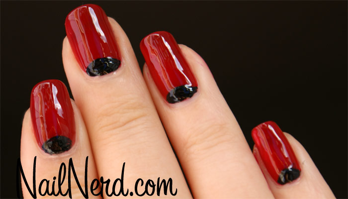 Red Glossy Nails With Black Half Moon Nail Art