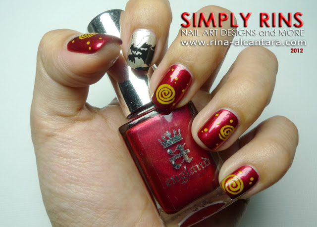 Red Glossy Nails With Yellow Spiral Design Chinese Nail Art