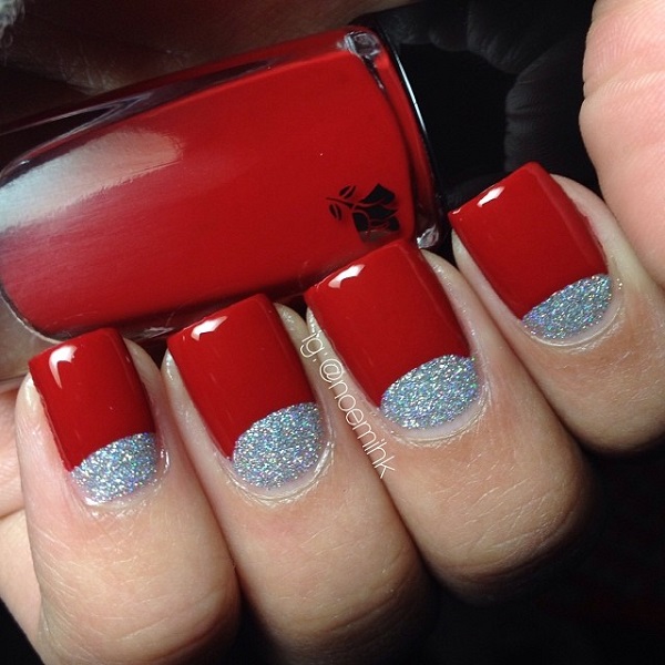Red Glossy Nails With Silver Glitter Half Moon Nail Art