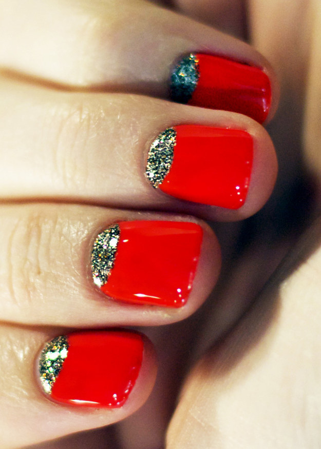 Red Glossy nails With Glitter Half Moon Nail Art