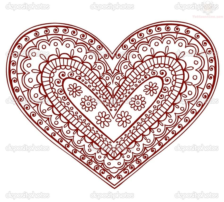 Red Heart Paisley Pattern Tattoo Stencil