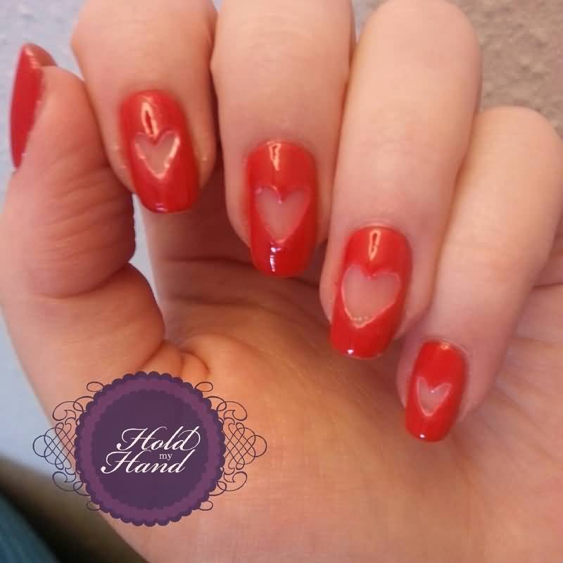 Red Nails Negative Space Heart Nail Art
