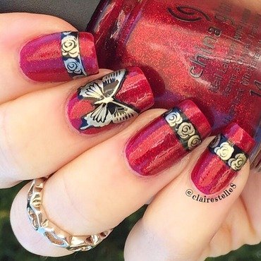 Red Nails With Gold Flowers And Butterfly Design Chinese Nail Art By Claire O'Sullivan