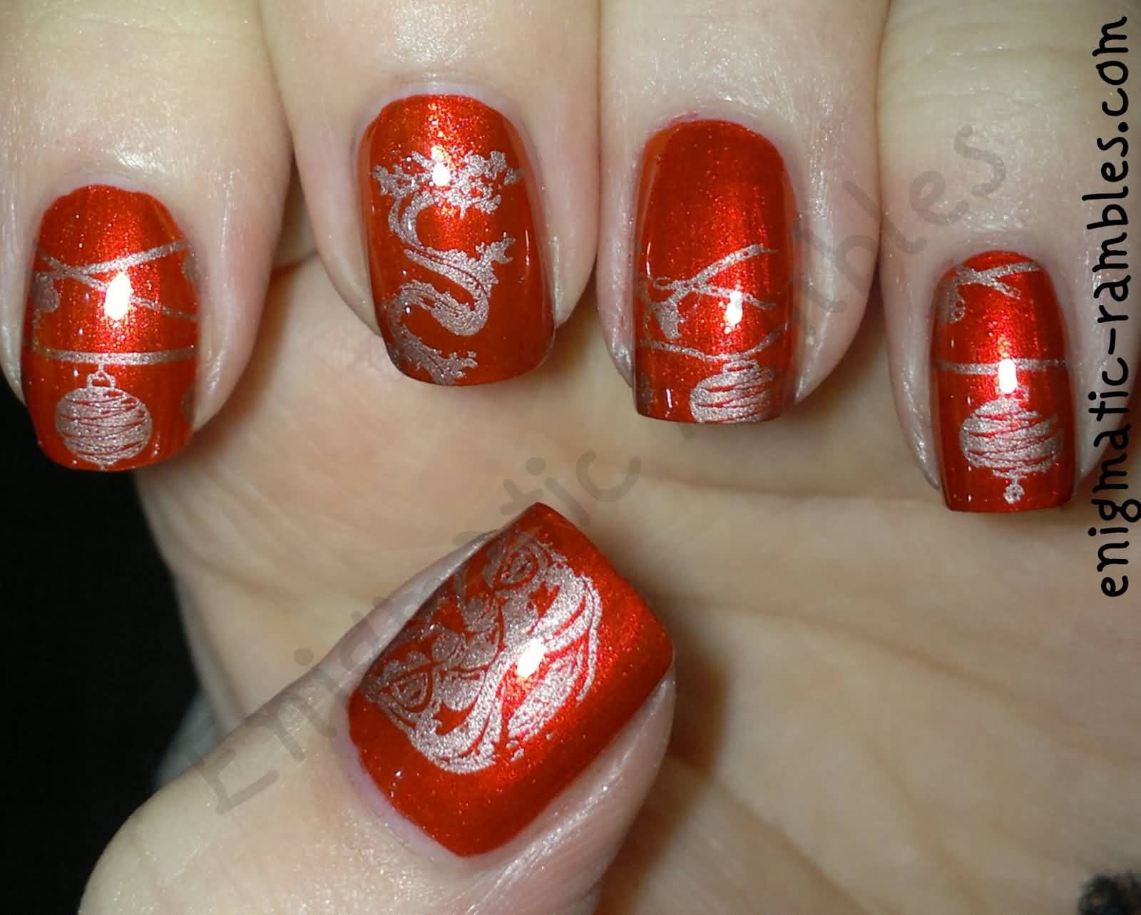 Red Nails With Gold Design Chinese Nail Art Idea