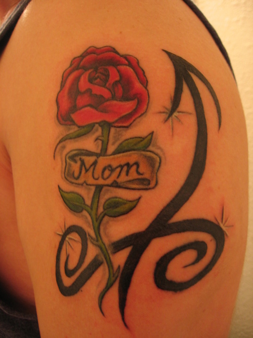 Red Rose With Mom Banner And Sagittarius Black Ink Tattoo On Left Shoulder