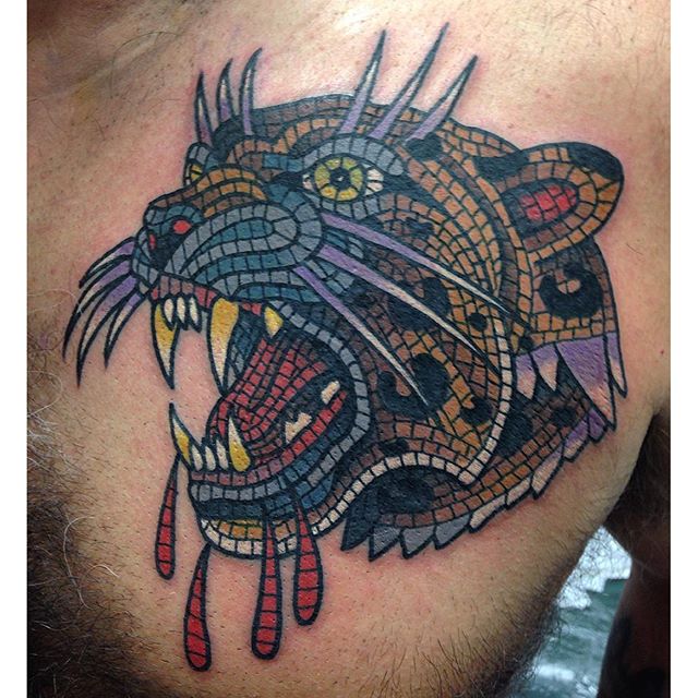 Roaring Mosaic Panther Face Tattoo On Chest