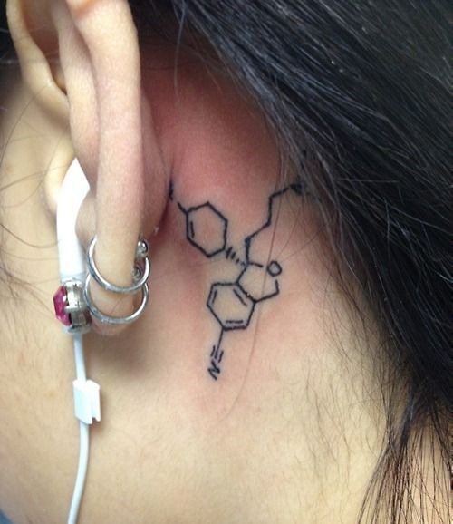 Short Chemistry Molecule Equation Tattoo On Behind Ear