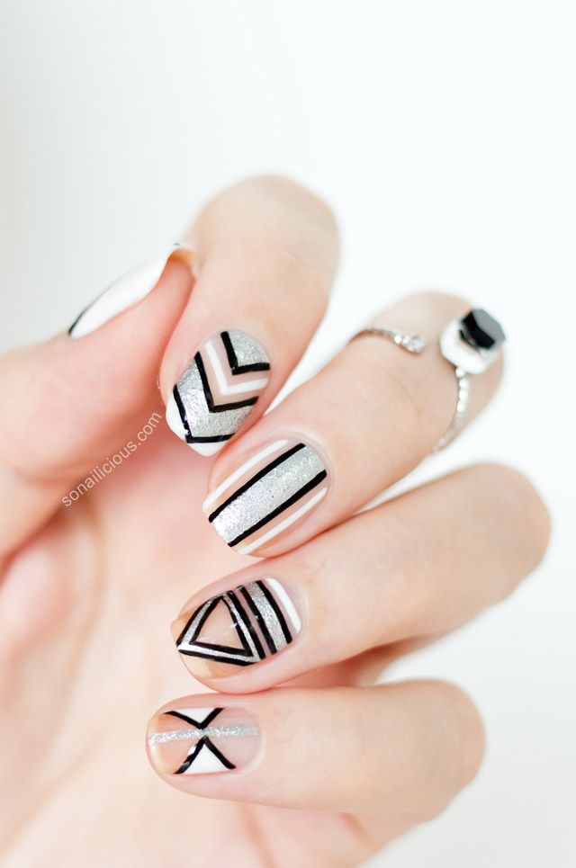 Silver And Black Negative Space Nail Design