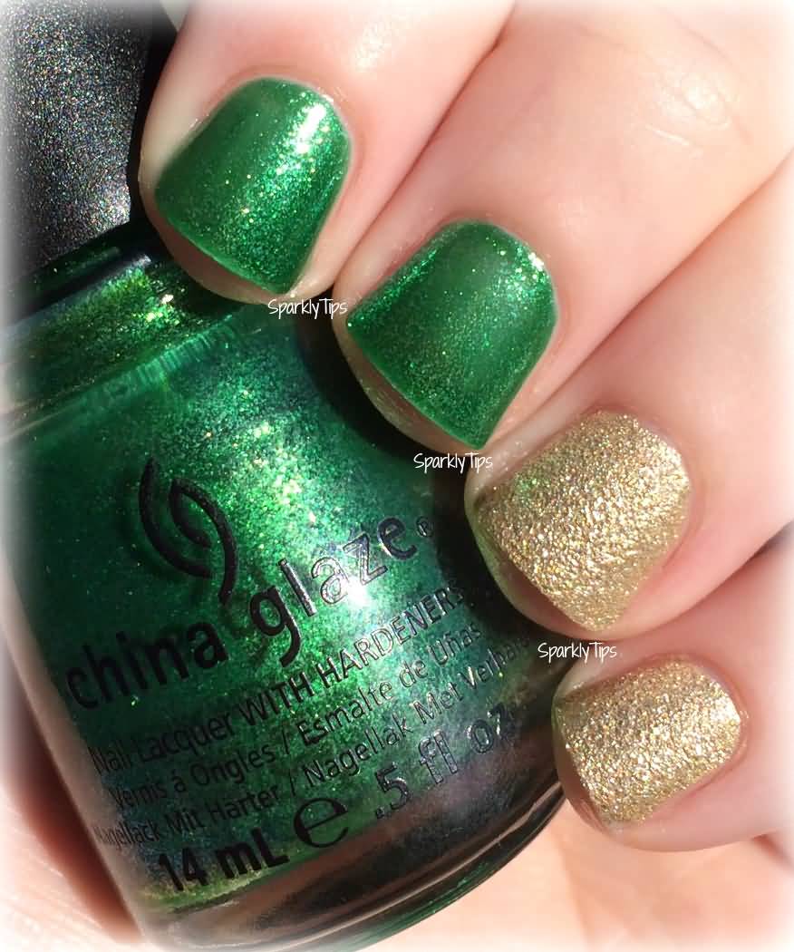 Simple Green And Gold Nail Art Design Idea
