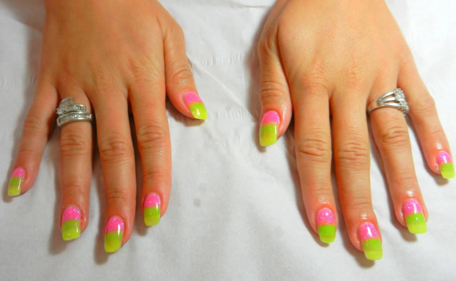 Simple Neon Green And Pink Nail Art