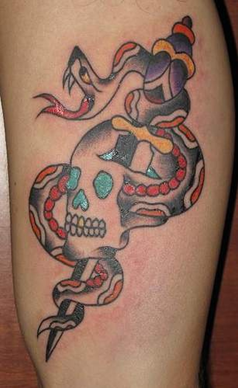 Simple Snake With Skull And Dagger Traditional Tattoo