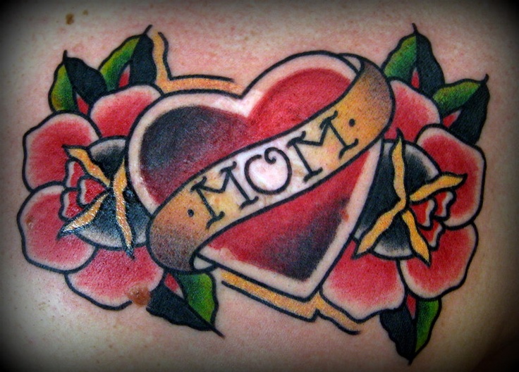 Simple Traditional Mom Heart With Rose Tattoo