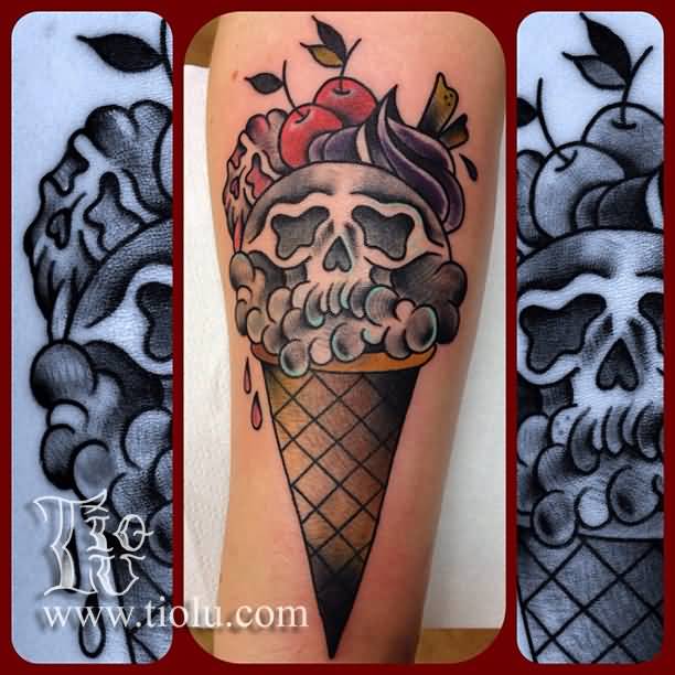 Skull Ice Cream Cone With Cherries Tattoo