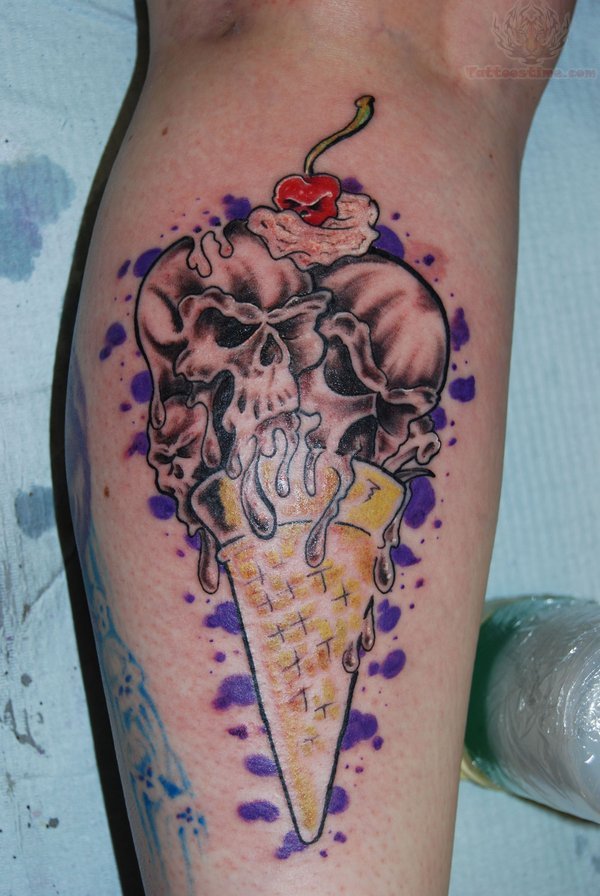 Skull Scoops Ice Cream Tattoo On Leg