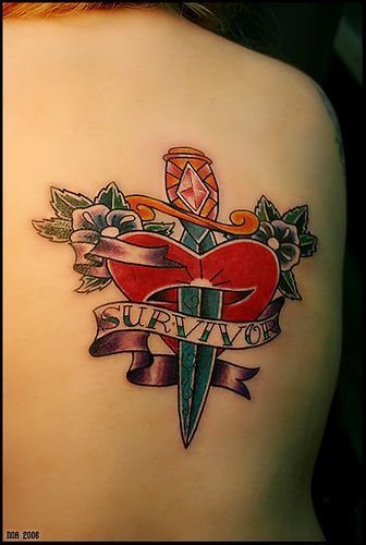 Small Dagger With Survivor Banner Tattoo