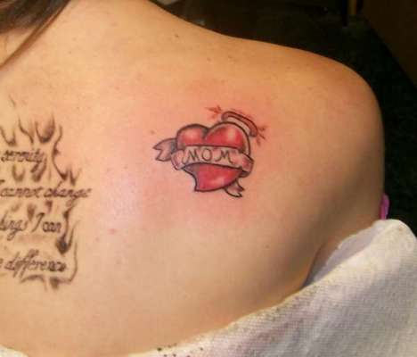 Small Mom Heart Tattoo On Back Shoulder