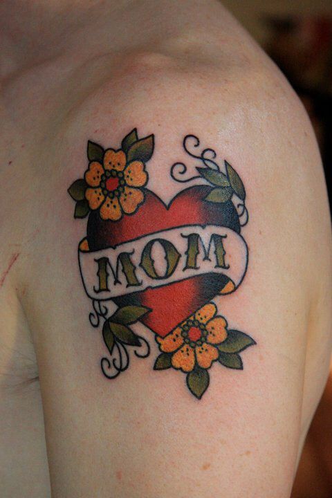 Small Mom Heart Traditional Tattoo On Left Shoulder