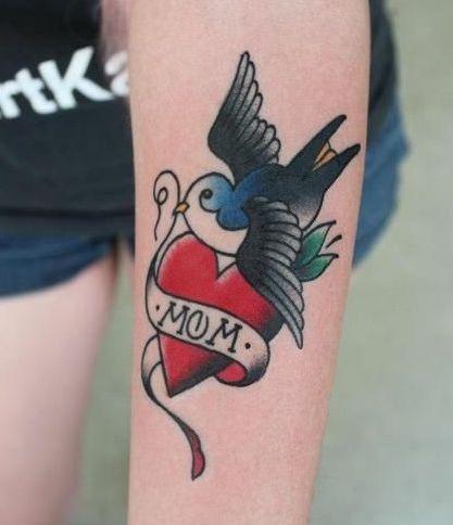 Small Mom Heart With Bird Traditional Tattoo On Left Arm Sleeve
