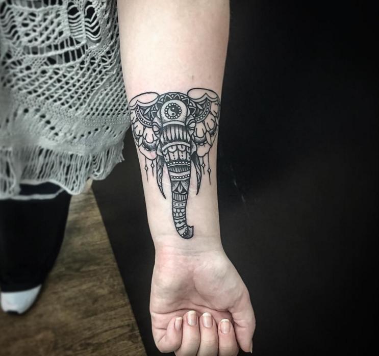 Small Mosaic Elephant Face Tattoo On Wrist