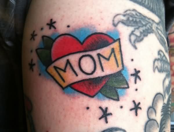 Small Red Heart With Mom Banner Tattoo