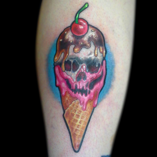 Small Skull Ice Cream Cone Tattoo On Forearm