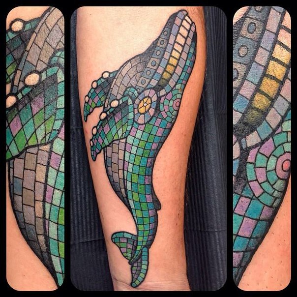 Smiling Mosaic Whale Tattoo
