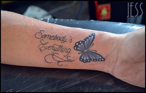 Somebody’s Everything Butterfly Tattoo On Forearm by Jess Dunfield