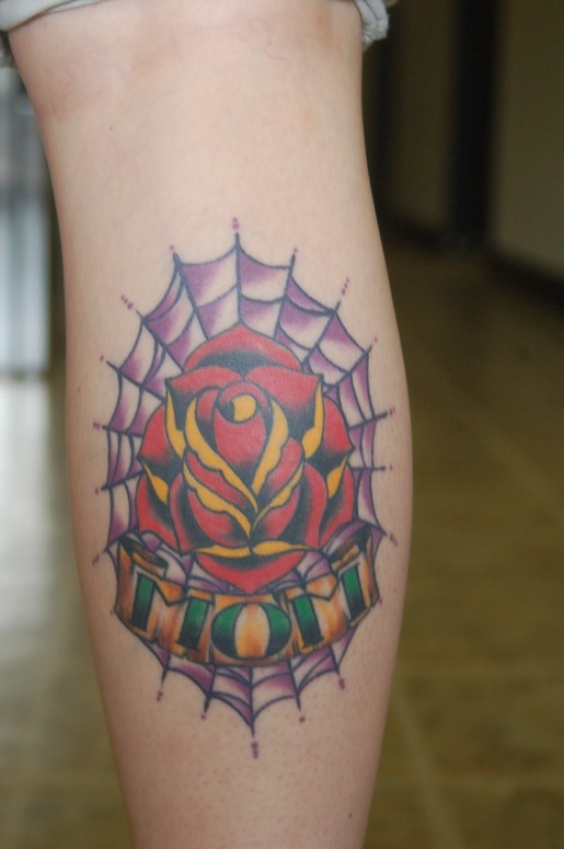 Spider Web And Rose Mom Tattoo On Forearm