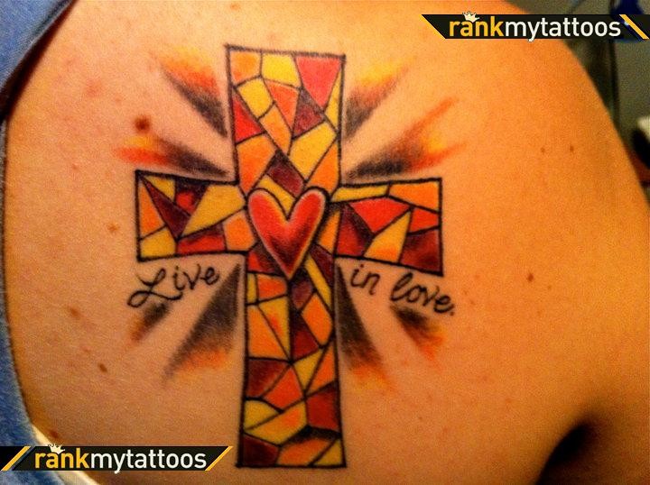 Stain Glass Cross Mosaic Tattoo On Right Back Shoulder