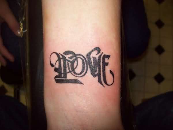 Stylish Black Ink Love Ambigram Tattoo On Arm