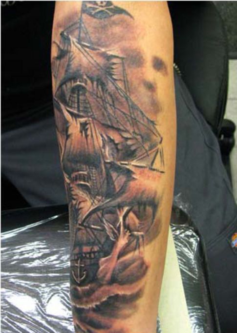 Superb Grey Jolly Roger Ship Tattoo