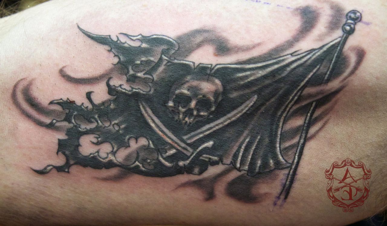 Terrific Black Jolly Roger Flag Tattoo
