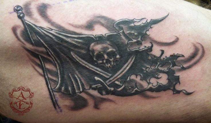 Terrific Black Torn Jolly Roger Flag Tattoo