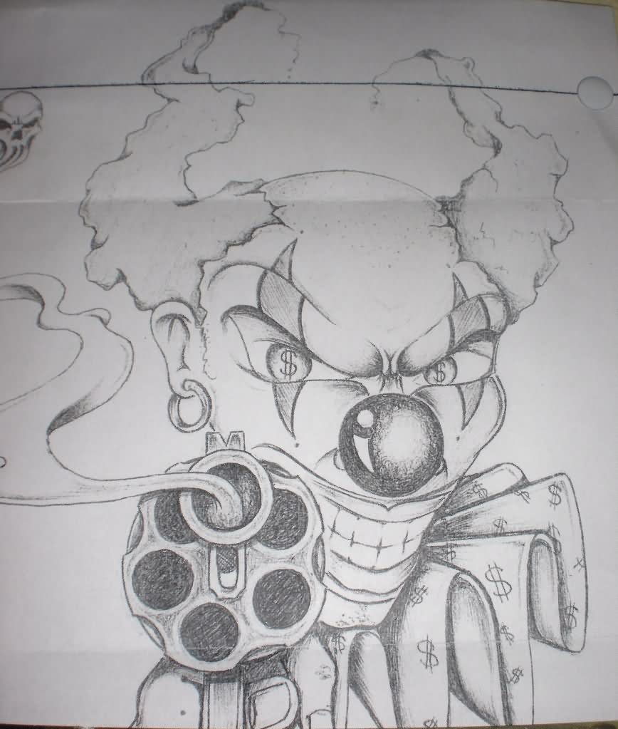 Terrific Gangsta Clown Head Tattoo Sketch