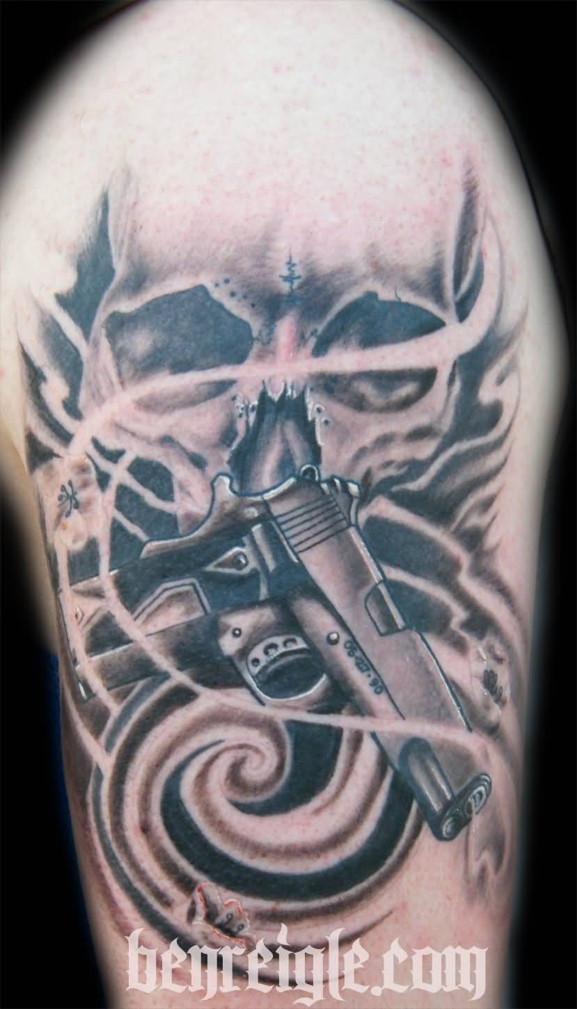 Terrific Gangsta Skull With Gun Tattoo