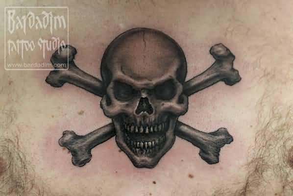 Terrific Grey Jolly Roger Tattoo On Chest