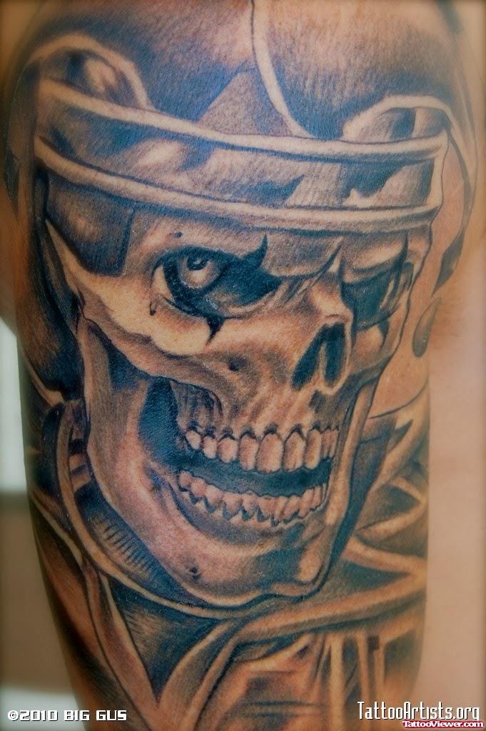 Terrific Grey Skull Gangsta Tattoo On Left Half Sleeve