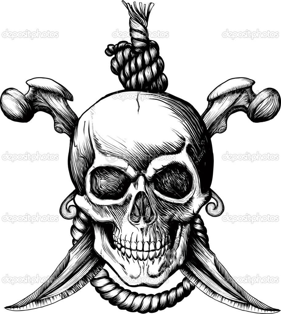 Terrific Jolly Roger With Rope For Hanging Tattoo Design