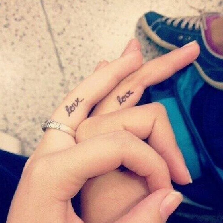 Tiny Love Matching Tattoos On Fingers