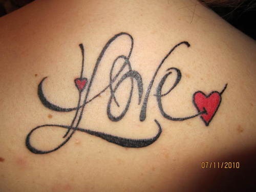 Tiny Red Heart And Love Tattoo On Upper Back