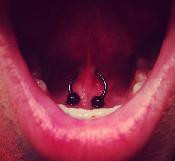 Tongue Web Oral Piercing With Black Circular Barbell