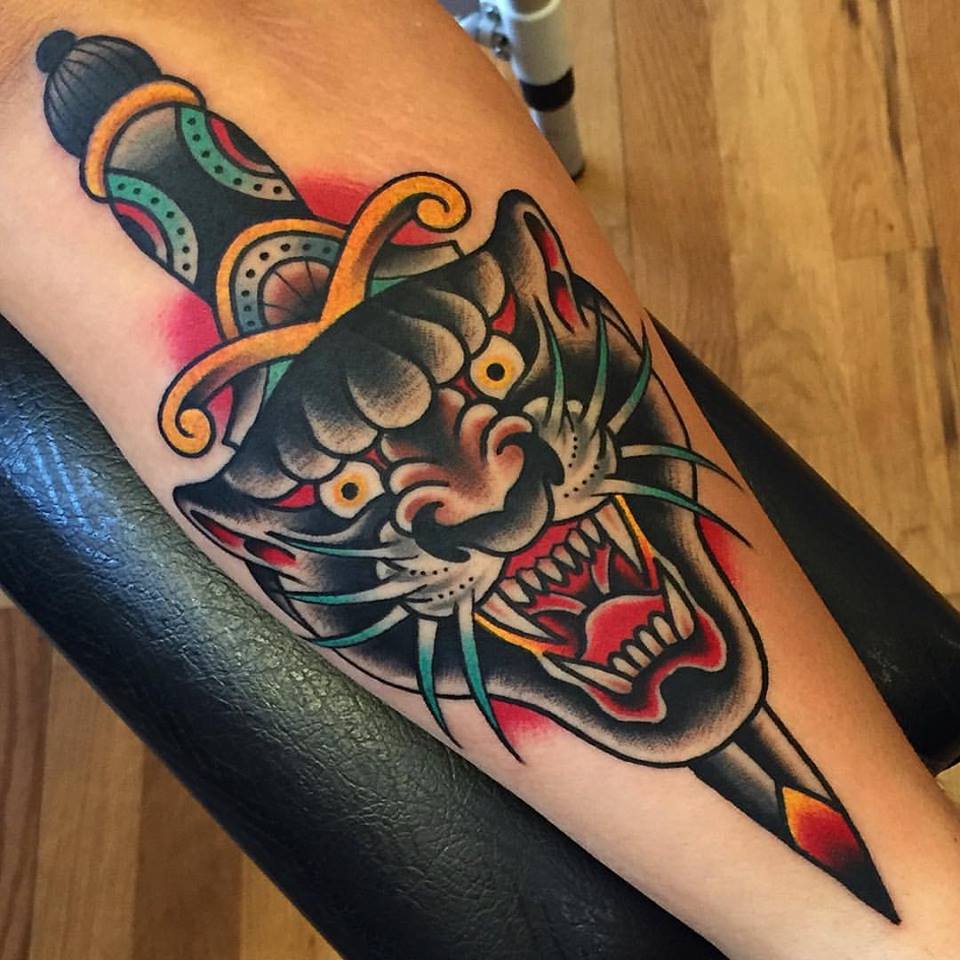 Traditional Dagger In Panther Head Tattoo On Sleeve by Samuele Briganti